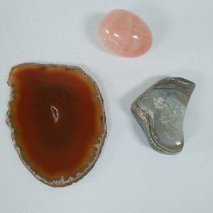 Rock Minerals 3 piece lot Red Agate, Rose Quartz, Black/Multi Polished Vintage